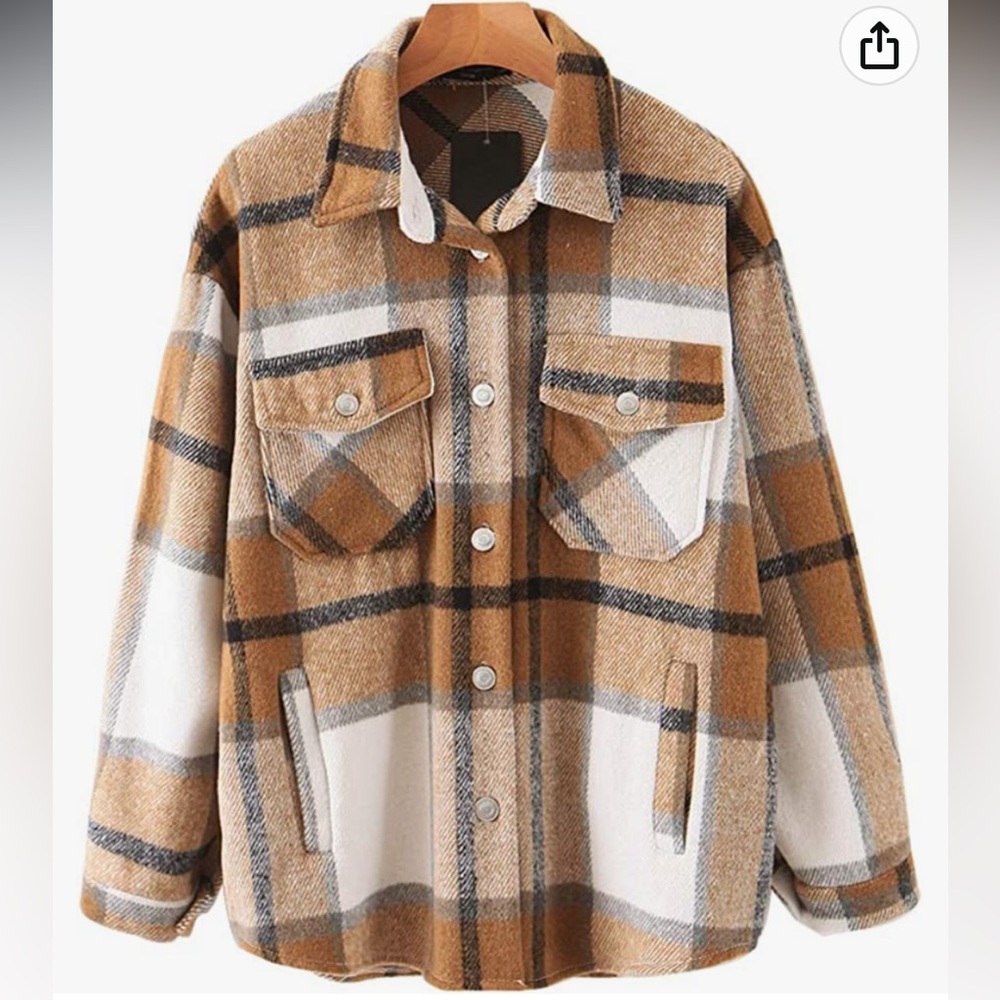 Amazon Plaid Button-Down Shacket in Tan, White, Black